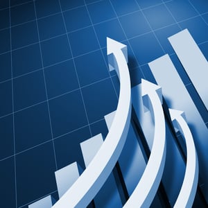 Charts and upward directed arrows against blue background-3